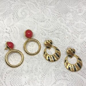 Bundle lot 2 vintage door knocker costume statement earrings gold and enamel.